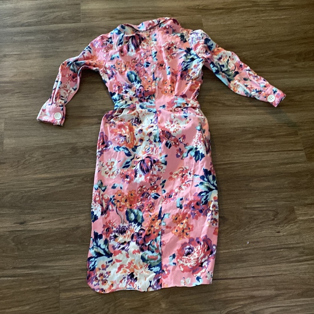 Zara Blogger favorite pink floral tie waist midi dress size S retro shirt dress - Picture 9 of 9